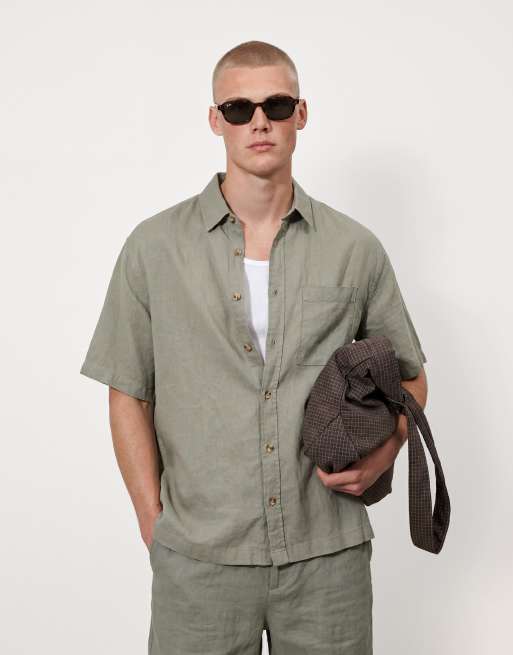 ASOS DESIGN – Lniany zestaw w kolorze khaki: koszula i szorty, 2 z 4