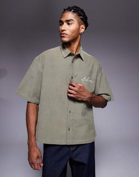 ASOS DESIGN boxy oversized cord shirt with chest embroidery in khaki