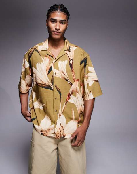 ASOS DESIGN relaxed revere shirt with floral print in khaki