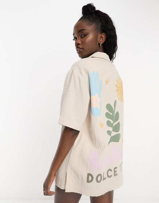 ASOS DESIGN – Koszula w kolorze piaskowym z otwartym kołnierzykiem i nadrukiem, część zestawu