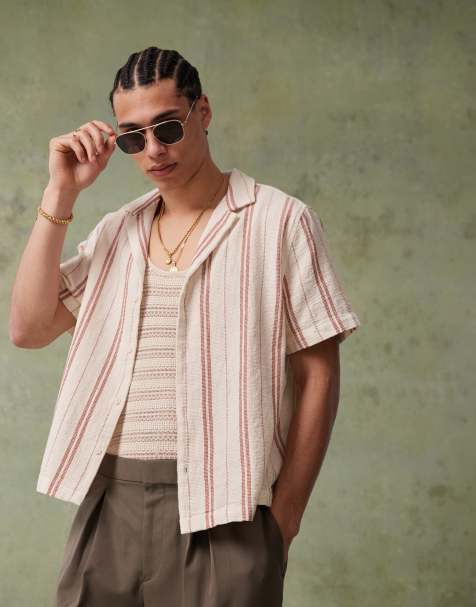 ASOS DESIGN boxy deep revere shirt in neutral stripe