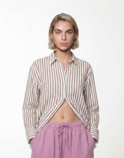 ASOS DESIGN – Koszula z domieszką lnu w brązowe paski - view 1