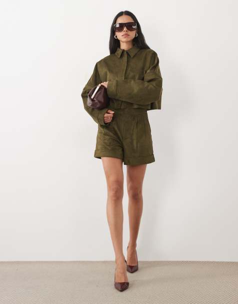 ASOS DESIGN – Koszula z długimi rękawami z imitacji zamszu w kolorze khaki, część zestawu - view 1