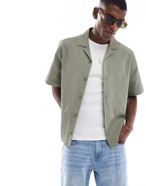 ASOS DESIGN boxy revere seersucker shirt in khaki
