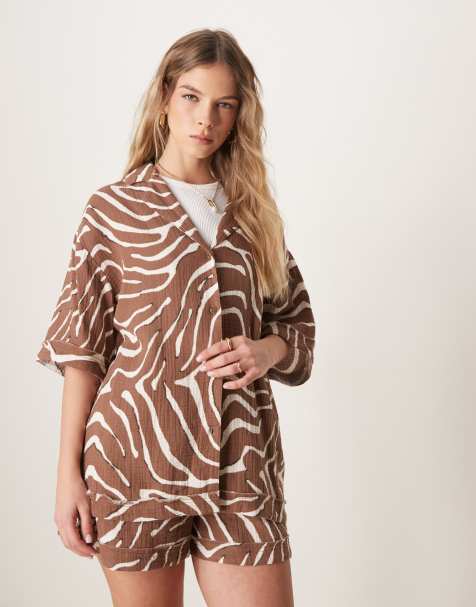 ASOS DESIGN – Koszula z muślinu we wzór w paski zebry, część zestawu - view 1