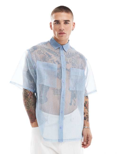 ASOS DESIGN – Koszula z organzy w niebieskie paski o fasonie oversize i pudełkowym kroju