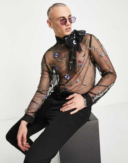 ASOS DESIGN – Koszula z prześwitującej siateczki z kwiatowym haftem