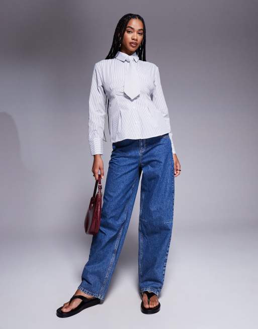 ASOS DESIGN – Koszula zbierana z talii z krawatem w paski, 3 z 4