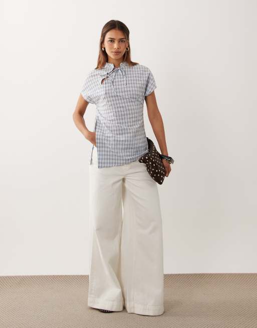 ASOS DESIGN koszula ze stójką w brązowo-niebieską kratę, 3 z 4