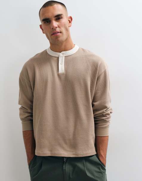 ASOS DESIGN koszulka henley boxy oversize z długim rękawem i kontrastowym dekoltem, beżowa, o waflowej strukturze - view 1