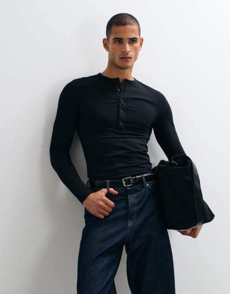 ASOS DESIGN koszulka henley z długim rękawem o kroju podkreślającym sylwetkę w kolorze czarnym - view 1