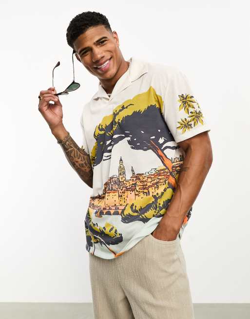 ASOS DESIGN – Koszulka polo o luźnym kroju w krajobrazowy wzór z kołnierzykiem kubańskim