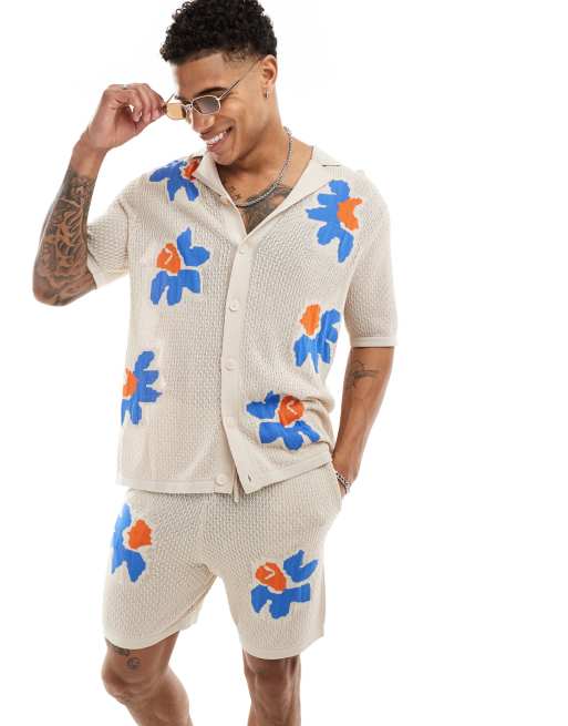 ASOS DESIGN – Koszulka polo o luźnym kroju z kołnierzykiem kubańskim z teksturowanej dzianiny pointelle w kwiatowy wzór, część zestawu
