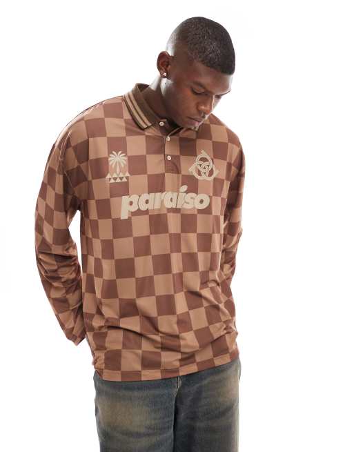 ASOS DESIGN – Koszulka polo oversize w brązową kratkę z długim rękawem i napisem Paraiso na piersi