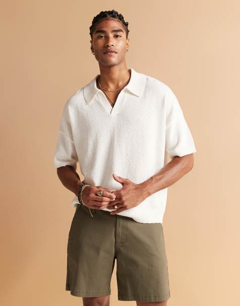 ASOS DESIGN oversized textured knitted notch neck polo in off white