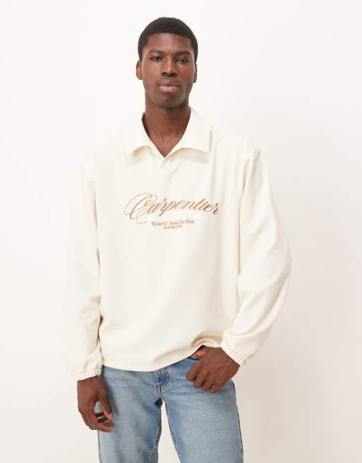 ASOS DESIGN – Koszulka polo oversize z kołnierzykiem kubańskim w kolorze ecru z haftowanym motywem
