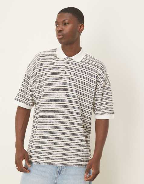 ASOS DESIGN oversized dropped shoulder polo in blue and white textured stripe