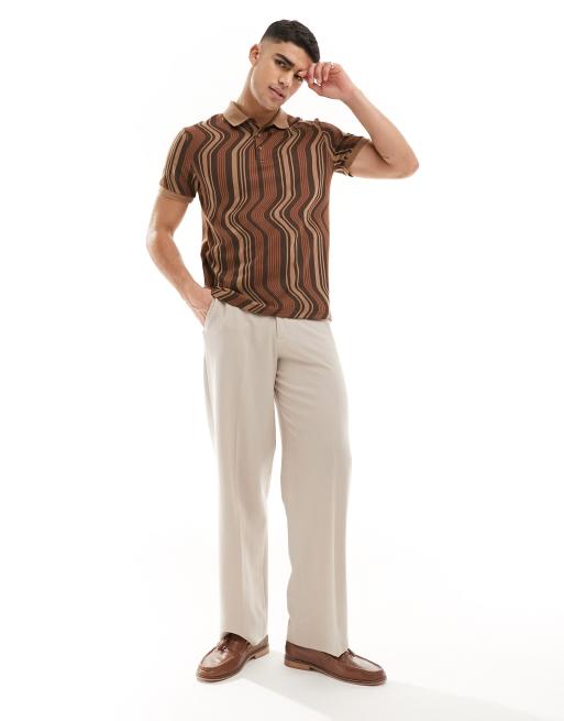 ASOS DESIGN – Koszulka polo w brązowo-beżowe faliste paski