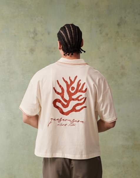 ASOS DESIGN boxy short sleeve polo with chest embroidery and back graphics in off white