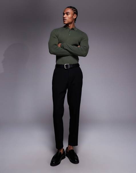 ASOS DESIGN – Koszulka polo z prążkowanej dzianiny o kroju podkreślającym sylwetkę z długimi rękawami z mieszanki bawełny w kolorze khaki - view 1