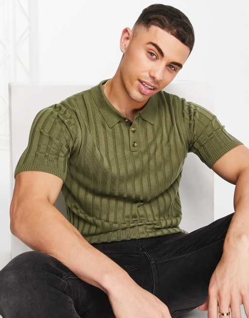 ASOS DESIGN – Koszulka polo z prążkowanej dzianiny w kolorze khaki