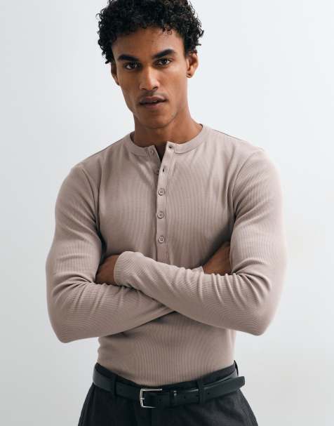ASOS DESIGN koszulka z długim rękawem o kroju podkreślającym sylwetkę z dekoltem henley w beżowy prążek - view 1