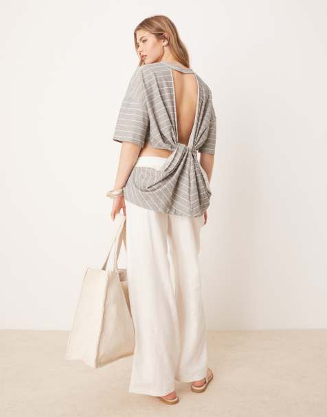 ASOS DESIGN – Koszulka z krótkimi rękawami, skręconym tyłem i wzorem w czarno-białe paski - view 1