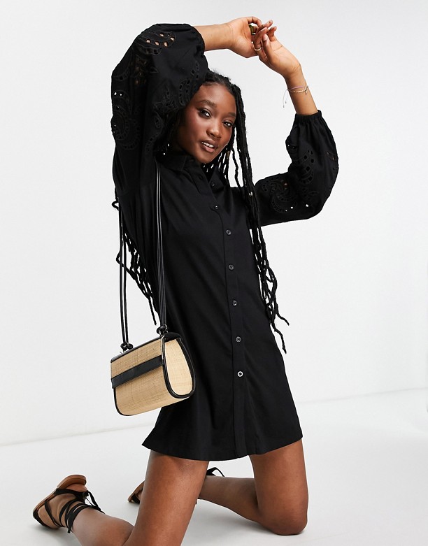  Sprzedawanie ASOS DESIGN – Koszulowa sukienka mini z haftowanym wycięciem na rękawach Black