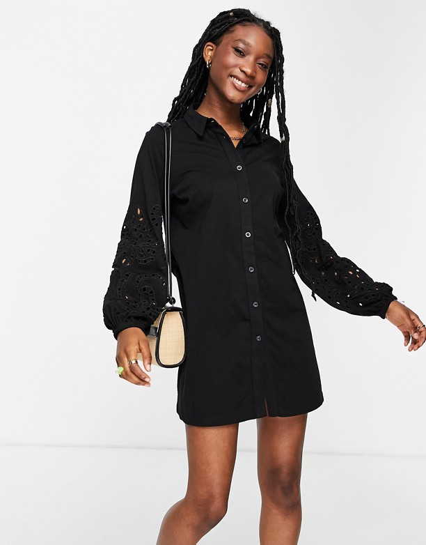  Sprzedawanie ASOS DESIGN – Koszulowa sukienka mini z haftowanym wycięciem na rękawach Black