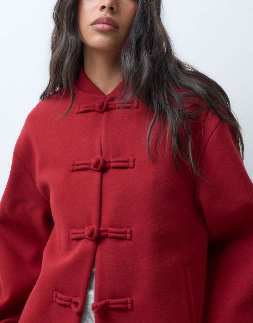 ASOS DESIGN kraagloos net jack met frogsluiting in rood, 3 van 4