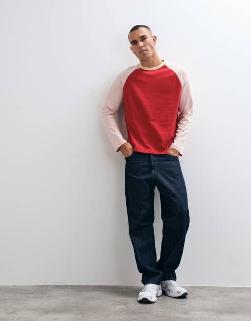 ASOS DESIGN kraftig afslappet langærmet raglan-T-shirt i rød og pink, 2 af 5