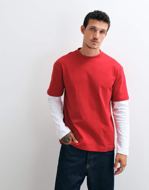ASOS DESIGN kraftig afslappet T-shirt med dobbeltlag i rød og hvid, 3 af 10