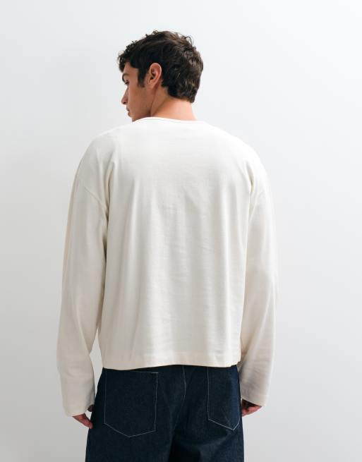 ASOS DESIGN kraftig boxig oversize långärmad t-shirt med henley-ringning i cream, 5 av 5
