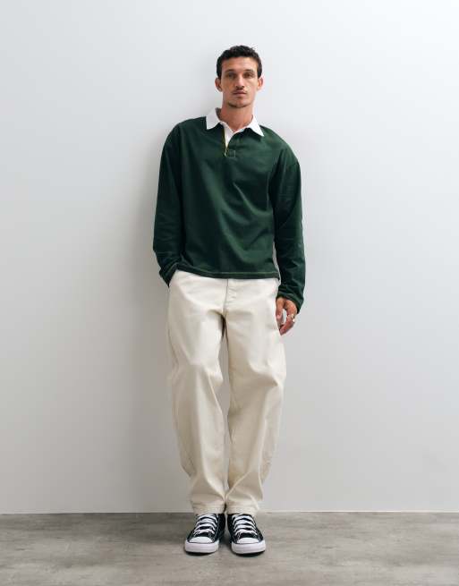 ASOS DESIGN kraftig boxig oversize rugby-piké med långa ärmar och stegvis fåll i mörkgrön, 3 av 5