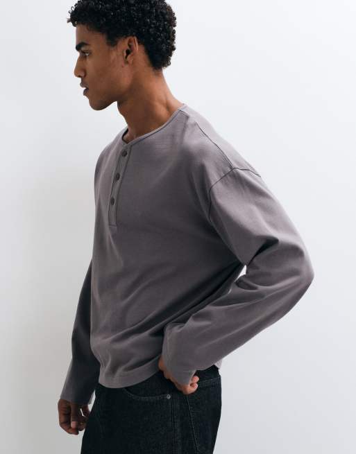 ASOS DESIGN kraftig boxig oversized långärmad henley-t-shirt i grått, 5 av 5