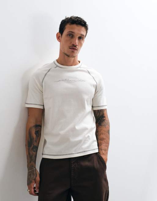 ASOS DESIGN kraftig boxig t-shirt med regular fit och raglanärmar med tryck i cream, 2 av 5