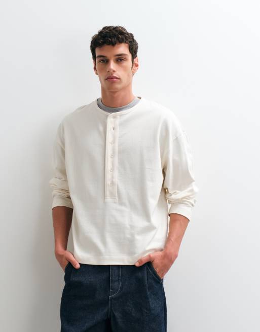ASOS DESIGN kraftig boxy oversized langærmet T-shirt med henley-hals i creme, 2 af 5