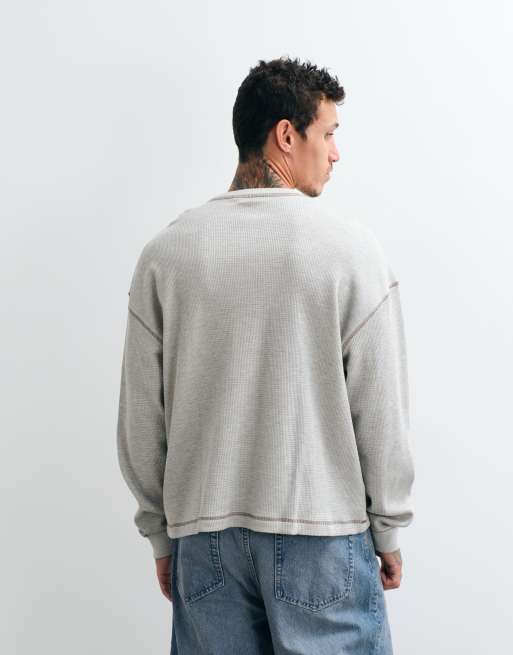 ASOS DESIGN kraftig boxy oversized langærmet T-shirt med henley i cream waffle, 4 af 10