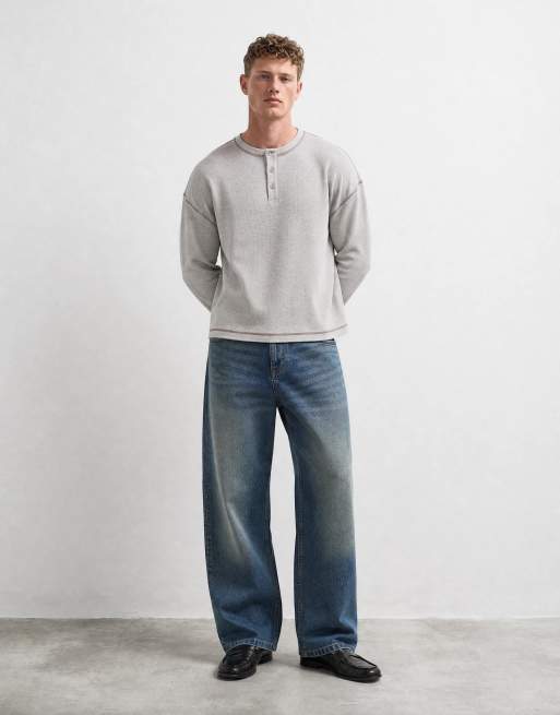 ASOS DESIGN kraftig boxy oversized langærmet T-shirt med henley i cream waffle, 7 af 10