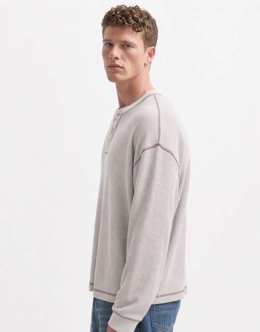ASOS DESIGN kraftig boxy oversized langærmet T-shirt med henley i cream waffle, 9 af 10
