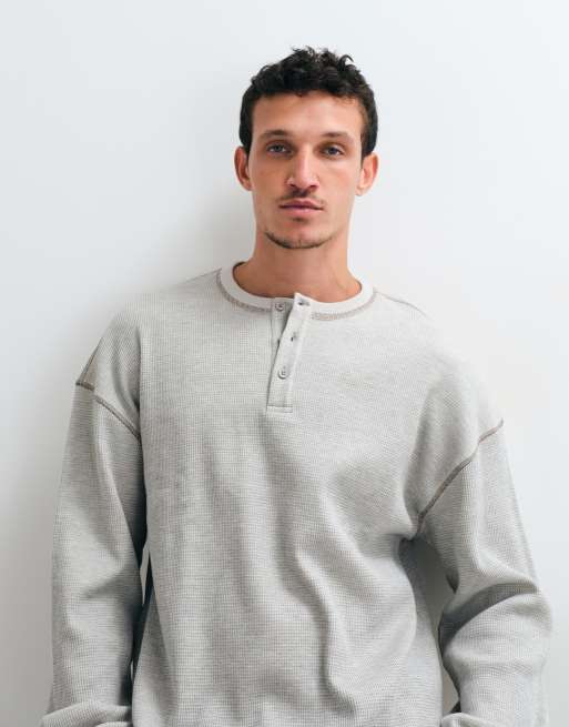 ASOS DESIGN kraftig boxy oversized langærmet T-shirt med henley i grå waffle-stof, 3 af 10