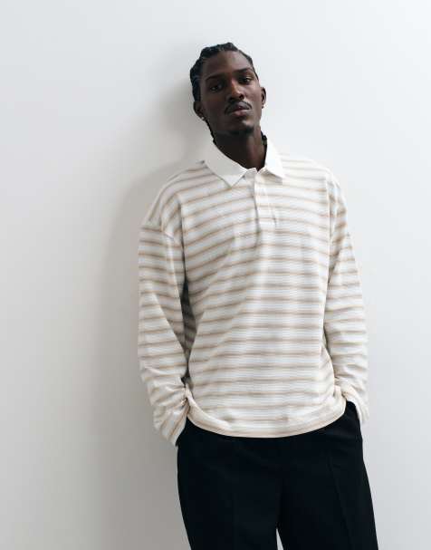 ASOS DESIGN kraftig boxy oversized rugby-polo i beige stribe - view 1