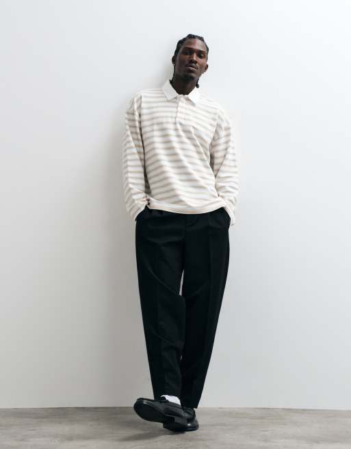 ASOS DESIGN kraftig boxy oversized rugby-polo i beige stribe, 2 af 5