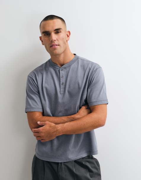 ASOS DESIGN kraftig boxy relaxed henley T-shirt i vasket grå - view 1