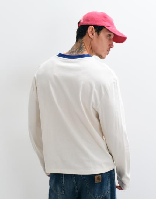 ASOS DESIGN kraftig boxy relaxed T-shirt med kontrast-v-hals i creme, 4 af 5