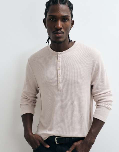 ASOS DESIGN kraftig boxy T-shirt i regular fit med lange ærmer og henley-hals i grå waffle - view 1