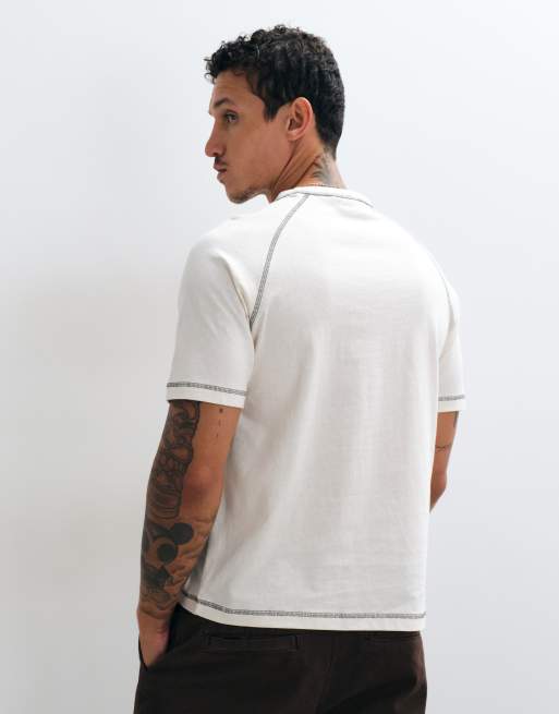 ASOS DESIGN kraftig boxy T-shirt med regular fit, raglanærmer og print i cream, 4 af 5