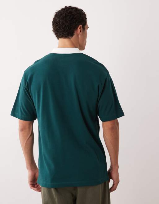 ASOS DESIGN - Kraftig og afslappet mørkegrøn poloskjorte med tekstur og striber, 3 af 5