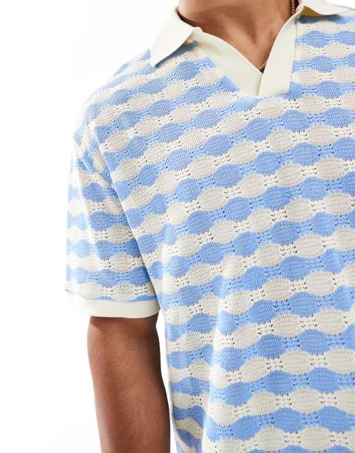 ASOS DESIGN - Kraftig og afslappet polo med blå og hvide og teksturerede striber i firkantet pasform , 3 af 4