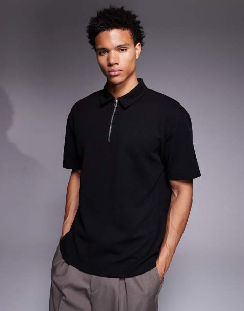 ASOS DESIGN - Kraftig og afslappet sort poloskjorte med tekstur og brodering på brystet - view 1